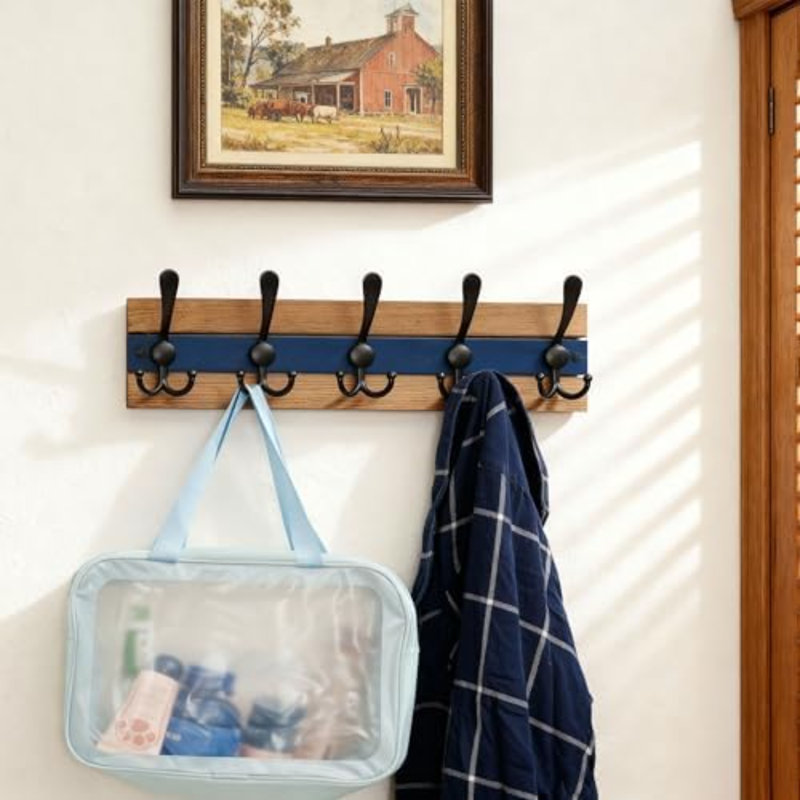 Porte-manteau mural rustique - Crochets muraux de 42,9 cm (16-7/8 po) de long avec 5 crochets triples pour suspendre manteaux, chapeaux ou outils, Collection Parcs nationaux de l'Ouest, Bois brun et bleu