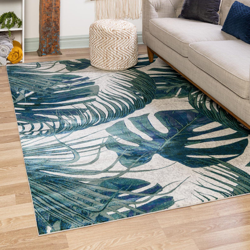 Tapis vert / blanc à motif floral Abira, Rectangle 7 pi 10 po x 10 pi