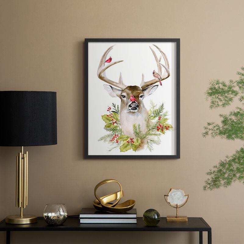 «Holiday Deer Collection B», reproduction encadrée - bois massif, H 15 po x l 12 po, Cadre noir
