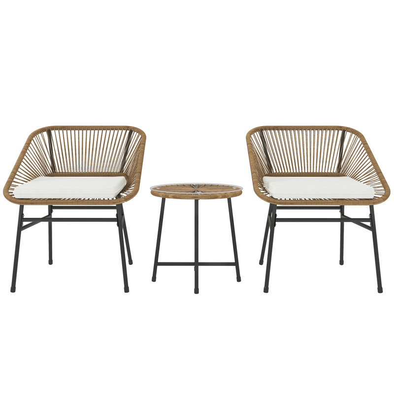 3 Pieces Rattan Bistro Set with Cushions Outdoor Patio, Black/Brown
