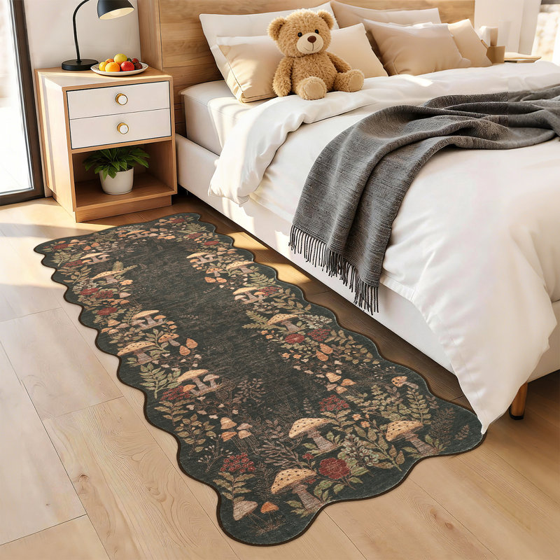 Washable Rug 2x6 Runner Rug Scalloped Mushroom Kitchen Rugs Non Slip Rugs for Entryway Bedside Carpet Modern Stain Resistant Carpet Low Pile Floor Cover for Bathroom Laundry Room，Brown