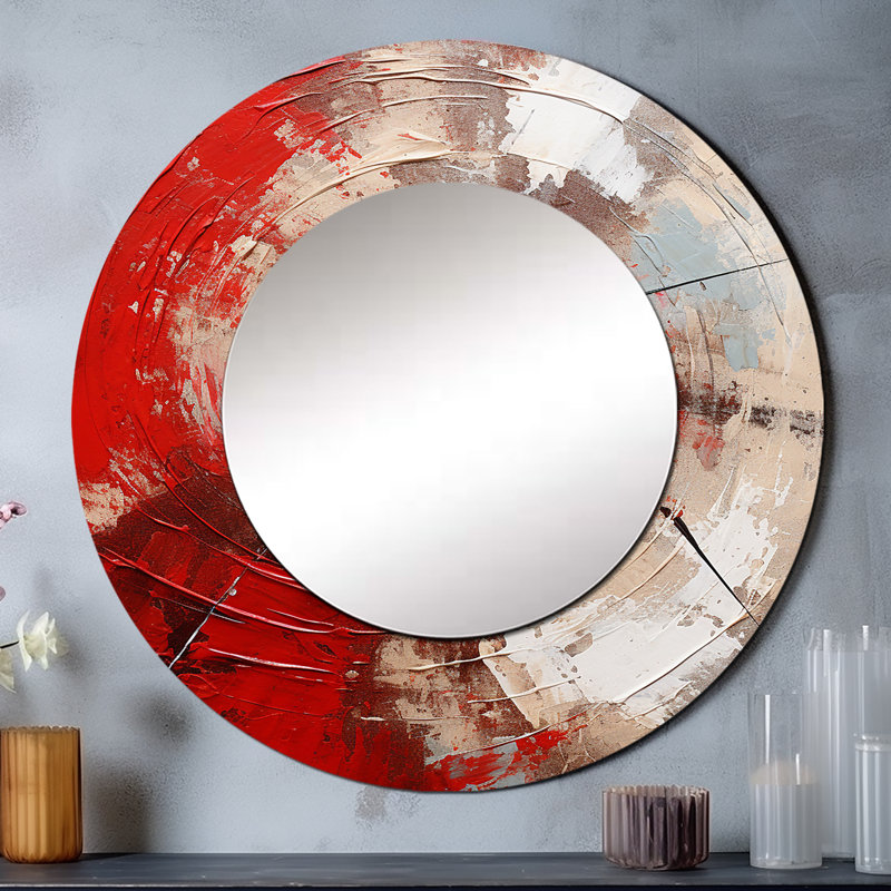 Red Grey Majestic Motion Spiral - Abstract Spirals Mirror, Modern Round Decorative Wall Mirror, Printed Metal Art, 36" x 36"