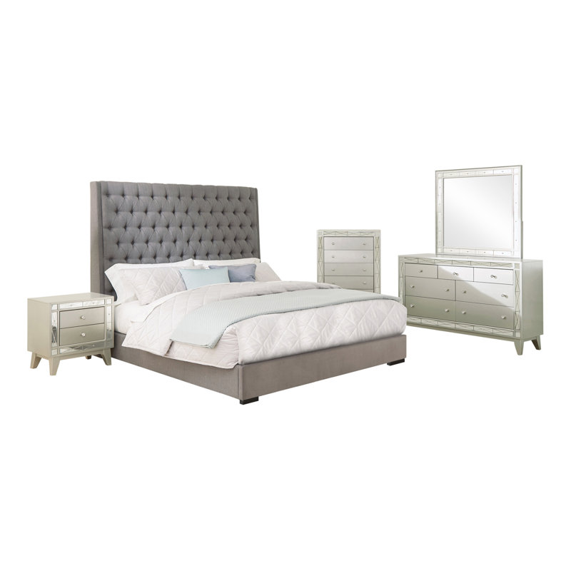 Ensemble de chambre à coucher 5 pièces Tinya en gris et mercure métallique, Grand