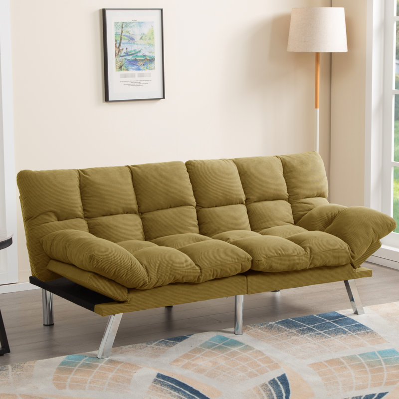 Lit multifonctionnel en velours côtelé jaune pour appartements, cadre stable et couchage confortable, accoudoirs 3 positions, couleurs inaltérables.