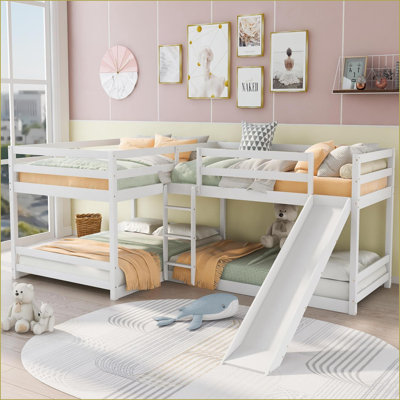 Double et amp; Lit simple superposé en forme de L en pin massif avec glissade et amp; Échelle courte, blanche - aucun sommier requis