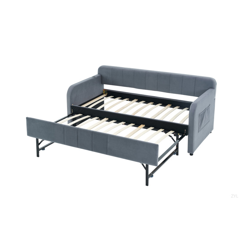 Structure de lit de jour simple rembourrée avec lit gigogne, canapé-lit simple pour chambre d'amis, support à lattes de bois