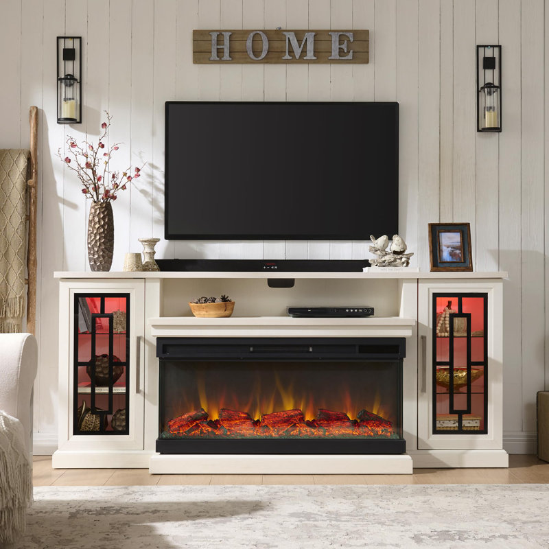 Meuble télé 75 po Highboy Electric Fireplace, Blanc patiné