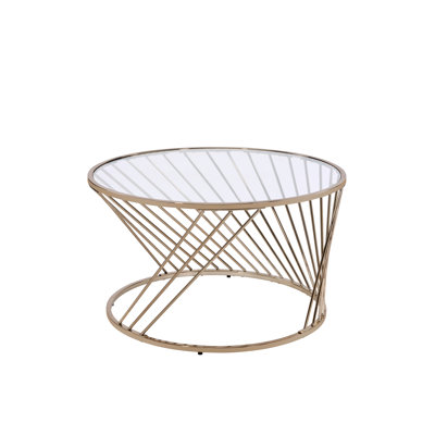 Élégante table basse champagne avec surface en verre transparent et structure en métal, design attrayant, 32 po x 32 po x 18 po, finition et plateau champagne élégants de 33 lb, fabrication