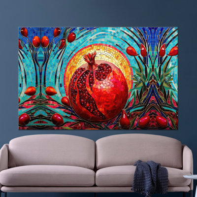 Elegant Pomegranate Print: Red & Blue Canvas Wall Art,1P Wrapped Canvas