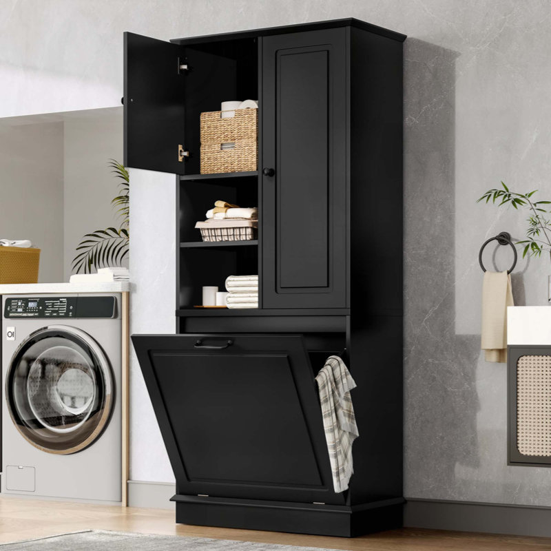 Tall Storage Cabinet With Adjustable Shelves, Large Flip-Out Basket & Enclosed Cabinets – Perfect For Bathroom, Living Room, Or Office, MDF Material With Aluminum Alloy Handles