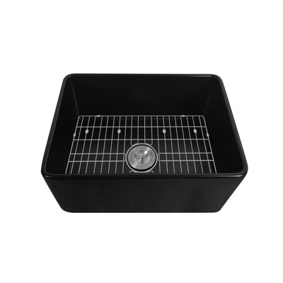 Évier de cuisine à simple cuve en argile réfractaire avec grille d'évier et crépine Perch L 24 po x l 18 po Perch