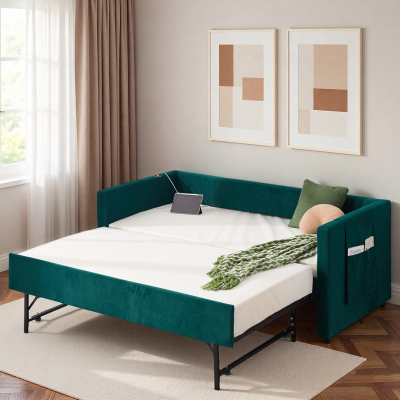 Upholstered Daybed With Trundle, Usb Port And Side Pockets, Emerald