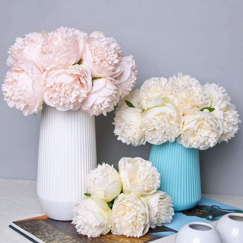 2 bouquets 10 têtes de pivoines artificielles feuilles de soie bureau à domicile fête de mariage bar décor