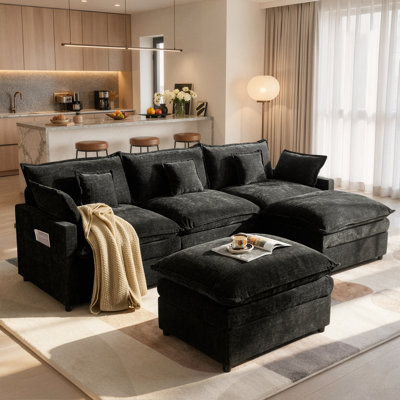 Canapé d'angle en L 5 places de 108 pouces avec 2 poufs amovibles, revêtement en chenille de 26 pouces de profondeur et 5 coussins décoratifs