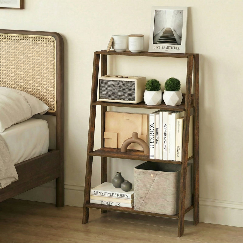 Casiana Ladder Bookcase, (4 Shelves) 38.4"H x 23.6"W x 10.9"D, Amber Pine