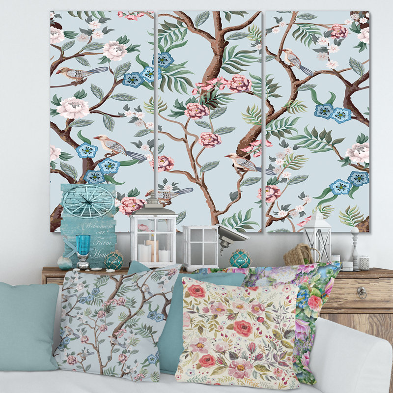 Chinoiserie avec oiseaux et pivoines - impression de 3 pièces