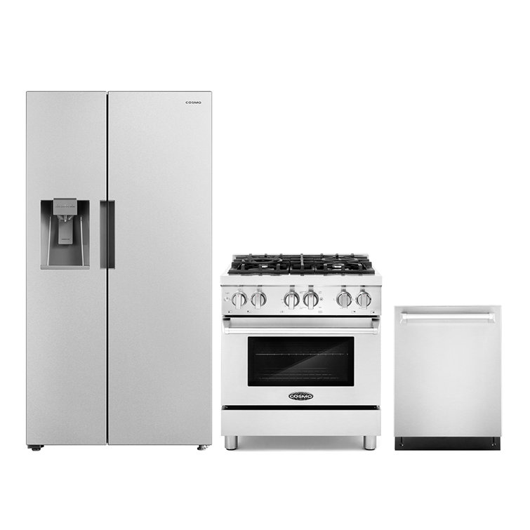 Cosmo 3 Piece Kitchen Appliance Package with Side By Side Refrigerator , 29.8'' Dual Fuel Freestanding Range , Built-In Dishwasher