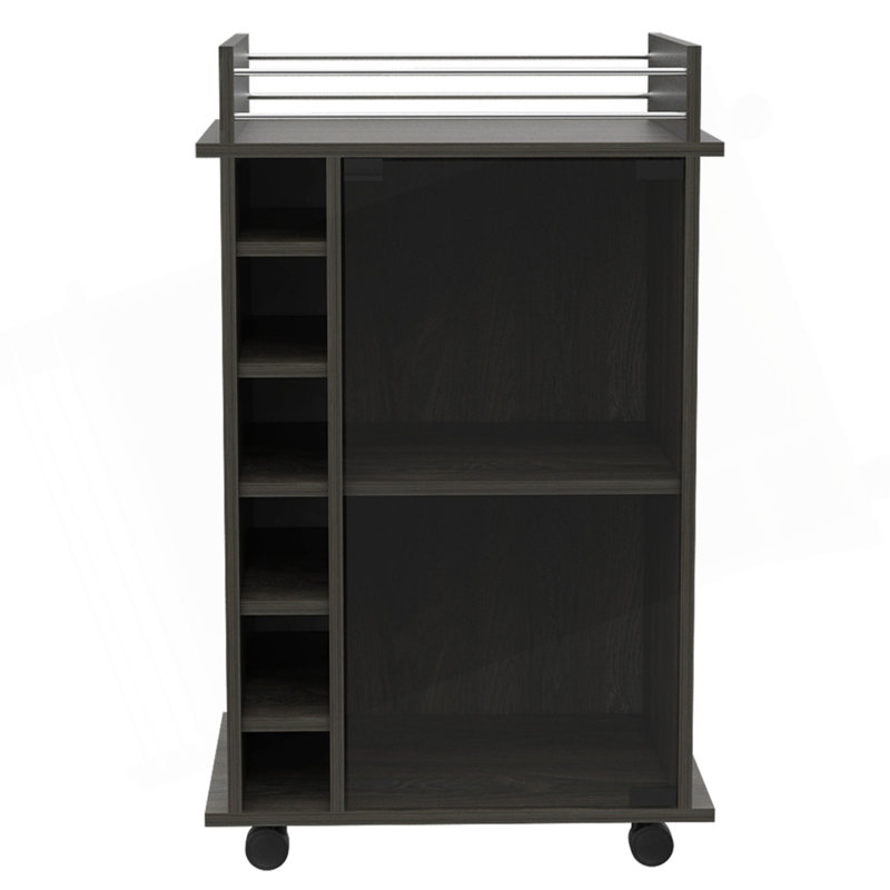 Chariot-bar, porte en verre, quatre roulettes, deux tablettes, Brun