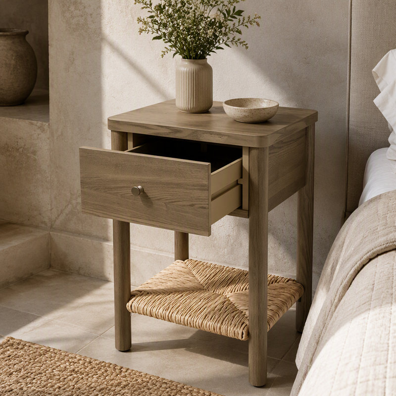 Table de chevet Ainsley gris antique avec plateau de table rond, pieds en bois massif, tablette et tiroir en jute pour le salon de la chambre à coucher