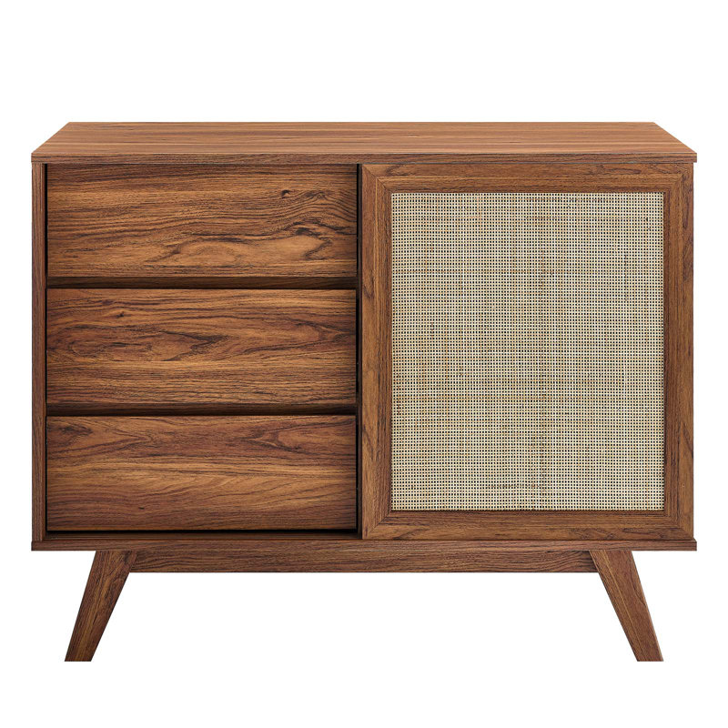 Walnut and Rattan 40" Modern Office Accent Cabinet
