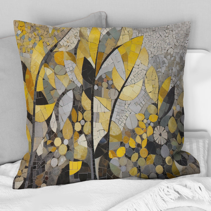 Yellow And Grey Patterns In Artistic Fusion - Boho Mosaic Printed Pillow, 16" x 16"