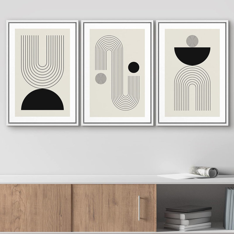 «Boho noir et gris demi-cercle et dessin au trait, motifs abstraits, art moderne bohémien chic», 3 pièces, Blanc