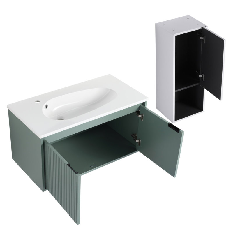 Meuble-lavabo flottant de 36 pouces avec lavabo en résine en forme de goutte et armoire latérale spacieuse, portes à fermeture en douceur pour salles de bain modernes