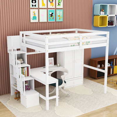 Multifunctional Full Size Loft Bed with L-Shaped Desk, Wardrobe and Charging Station