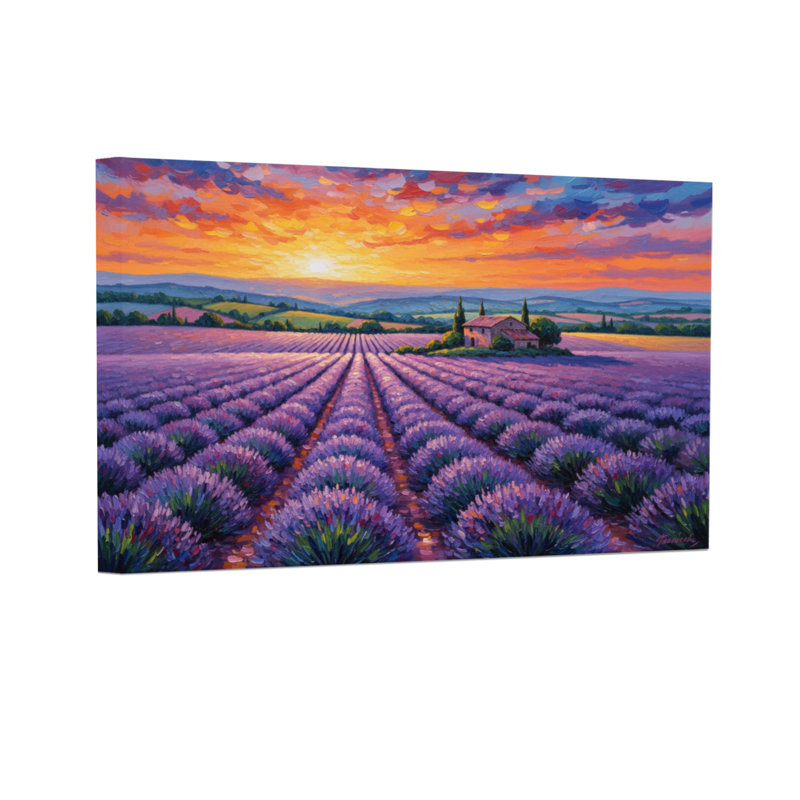 Paysage et nature, champ de lavande, peinture de paysage au coucher du soleil, H 28 po x l 40 po