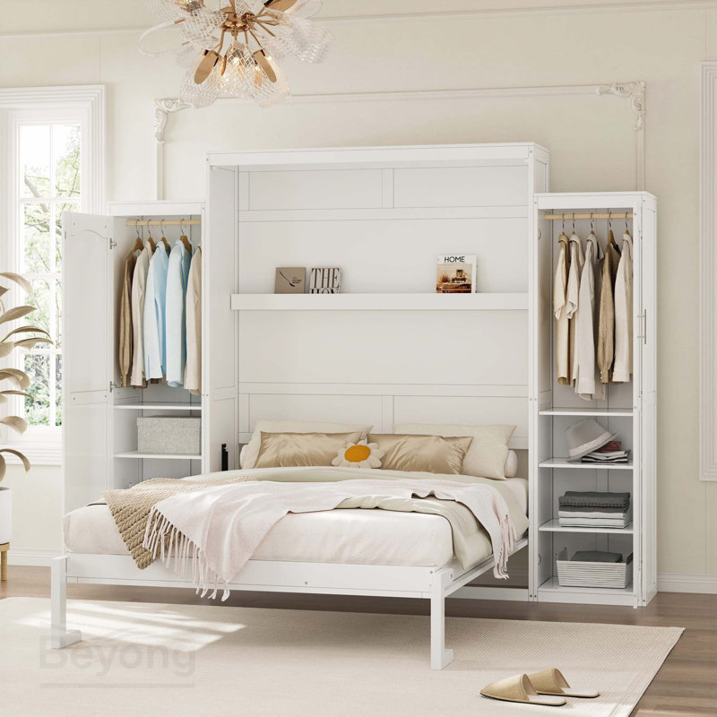 Grand lit escamotable avec 2 garde-robe et tablette de rangement, cadre de lit plateforme pliable multifonctionnel pour chambre d'amis, chambre à coucher, blanc (ancien SKU: N733S235627K)