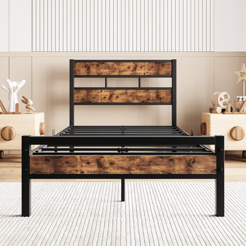 Lit simple avec support à lattes en métal - Tête de lit en bois rétro rustique, sans sommier, assemblage efficace, assemblage facile, repos de nuit confortable