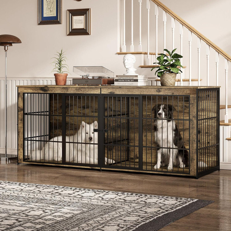 Caisse pour chien robuste 94,5 "avec cloison - chenil d'intérieur en bois, table de bout et meuble télé pour grands et moyens chiens