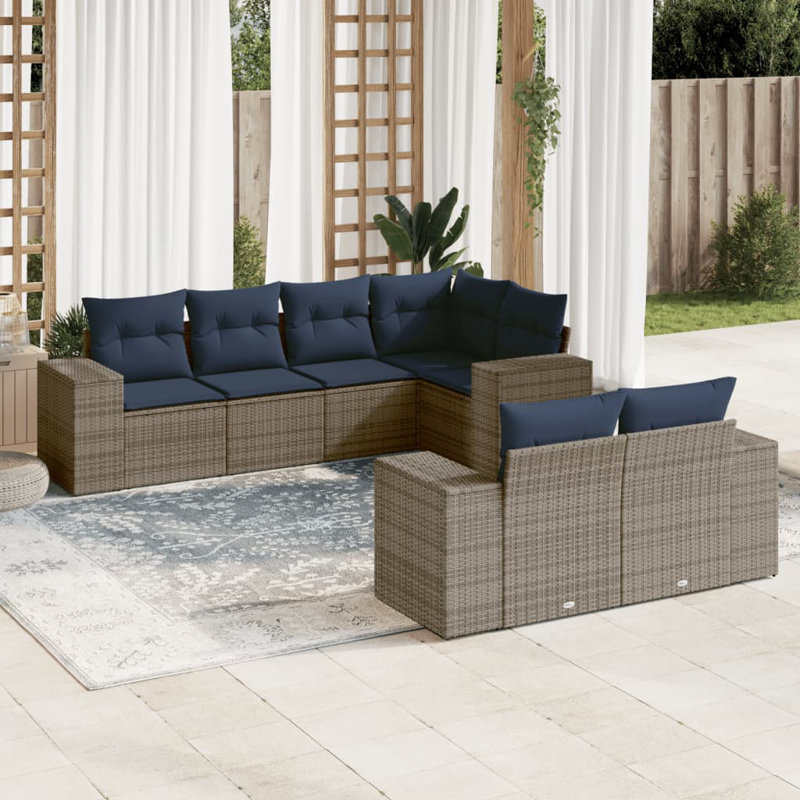  7 Piece Patio Sofa Set With Cushions Gray Poly Rattan, Gray, Navy Blue