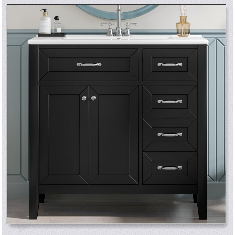 Meuble-lavabo de 36 pouces avec lavabo, armoire noire, tiroirs, structure solide et panneau de fibres à densité moyenne pour les salles de bain modernes