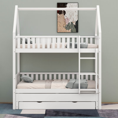 Lit superposé simple au dessus d'un lit simple avec lit gigogne et tiroirs de rangement, lit superposé avec toit Playhouse, cadre de lit de maison en bois