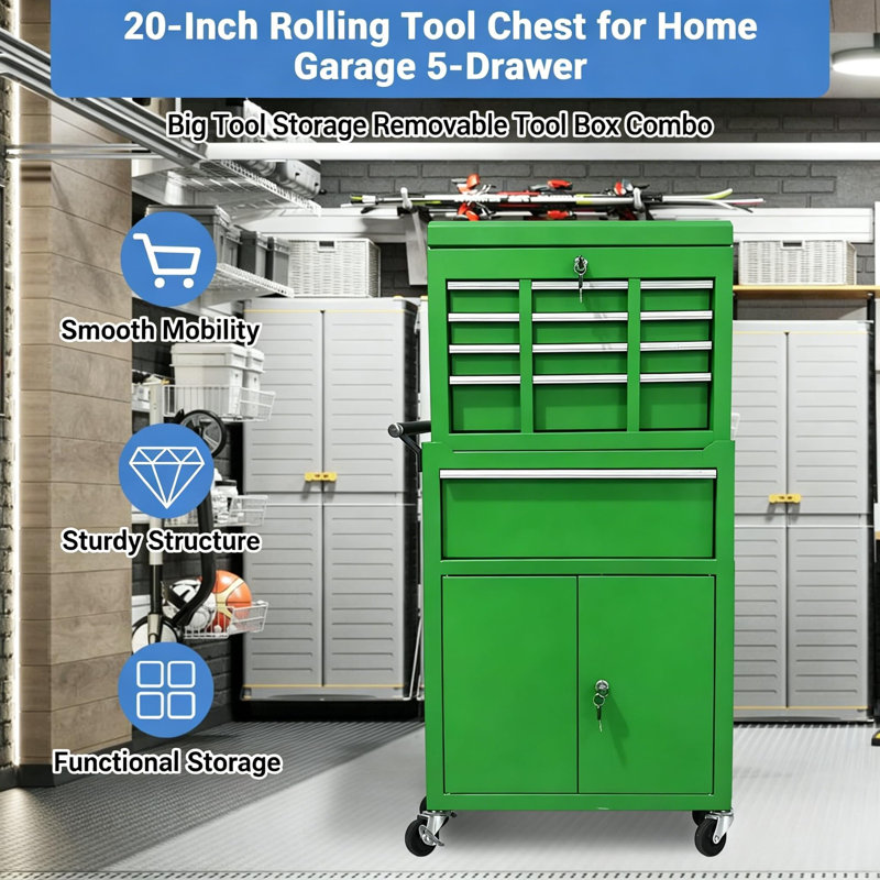 5 Drawer Rolling Tool Chest with Wheels, 2-in-1 Detachable Tool Box and Cabinet, Lockable Metal Storage Organizer, Mobile Toolbox for Garage Workshop Home, Green