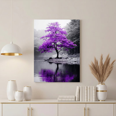 Ensemble de 1 tableau sur toile tendue représentant un arbre violet sur un lac