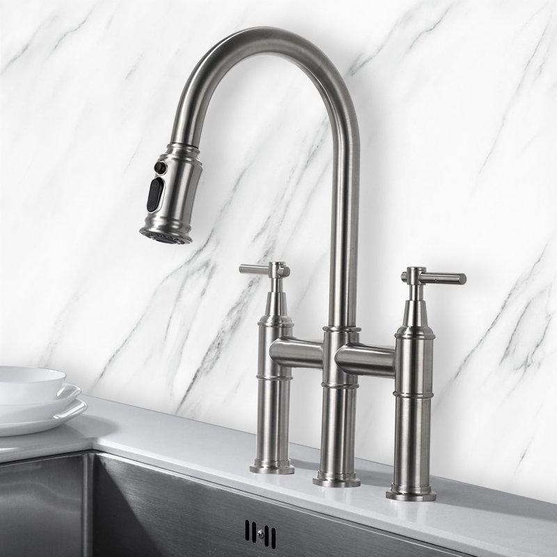 Robinet de pont rétractable tactile avec accessoires, Nickel brossé