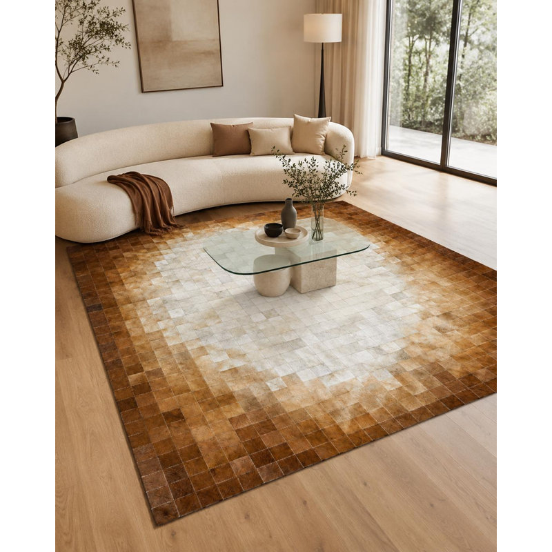Tapis brun en cuir de vache dégradé brun, tapis en cuir patchwork fait à la main, tapis moderne dégradé de luxe, 8 x 10 ft