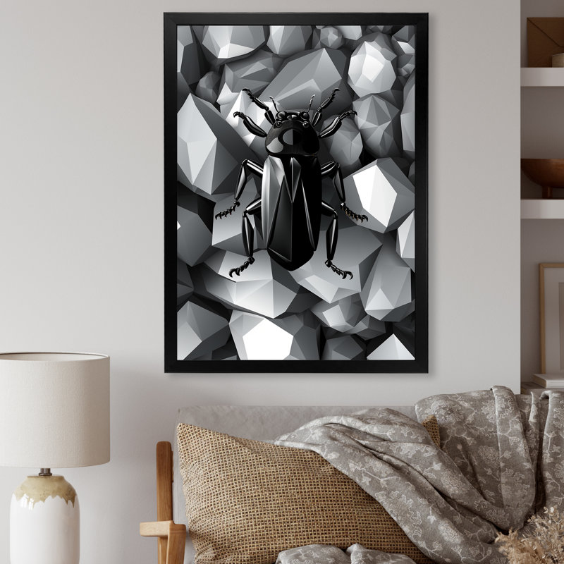 Roches et insectes noirs et gris I - art mural insectes et insectes, Cadre simple noir, H 32 po x l 16 po x P 1 po