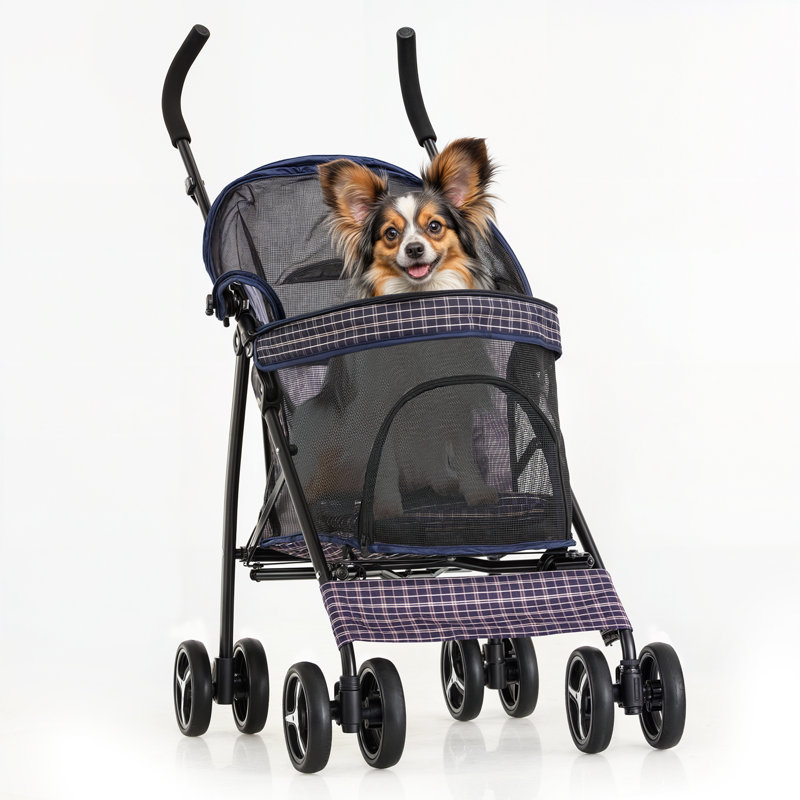 Plaid Steel Frame Foldable Pet Stroller with Rubber Wheels