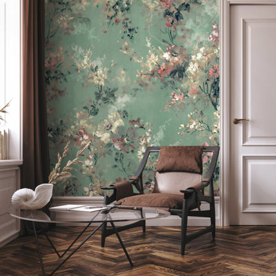 City Romance Collection Green Large Floral 4-Panel Wall Mural