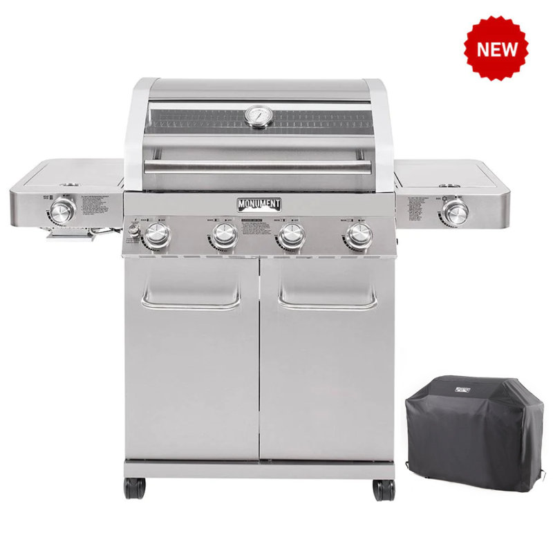 Monument Grills 4 - Burner Liquid Propane 72000 Btu Gas Grill With Side Sear Burners (With Cover), gas grill+gas cover