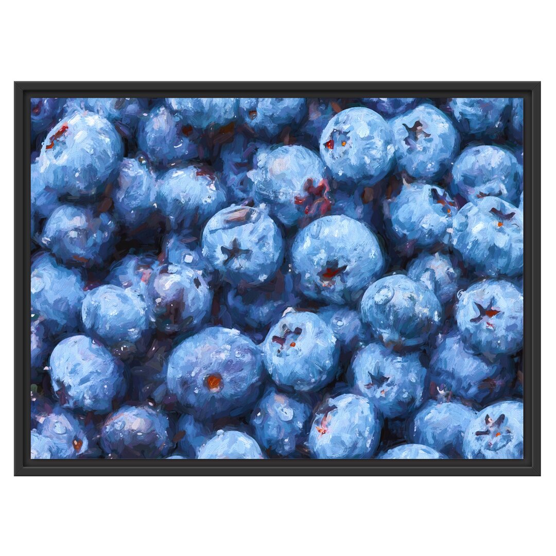 Gerahmtes Wandbild Blaubeeren mit Wassertropfen Kunst