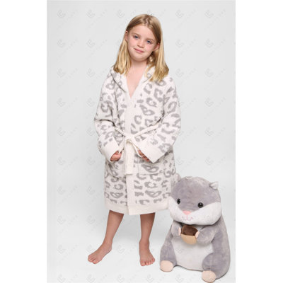 Children'S Leopard Pattern Luxury Soft Hooded Robe W/ Front Pockets Belt - GRAY