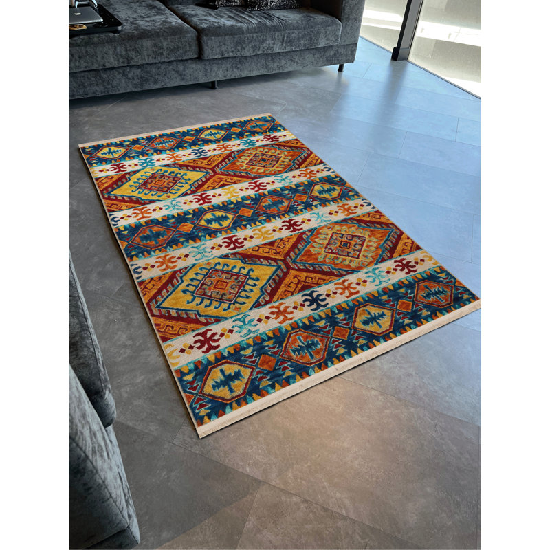 Tapis décoratif rétro à motif bleu et orange, Tapis de couloir 3 pi 9,81 po x 6 pi 6,74 po