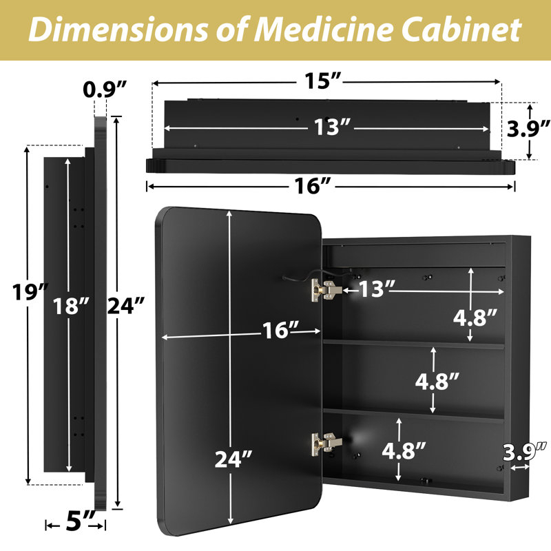W H Framed Medicine Cabinet Mirror Fixed, Black, 24" H x 16" W x 5" D