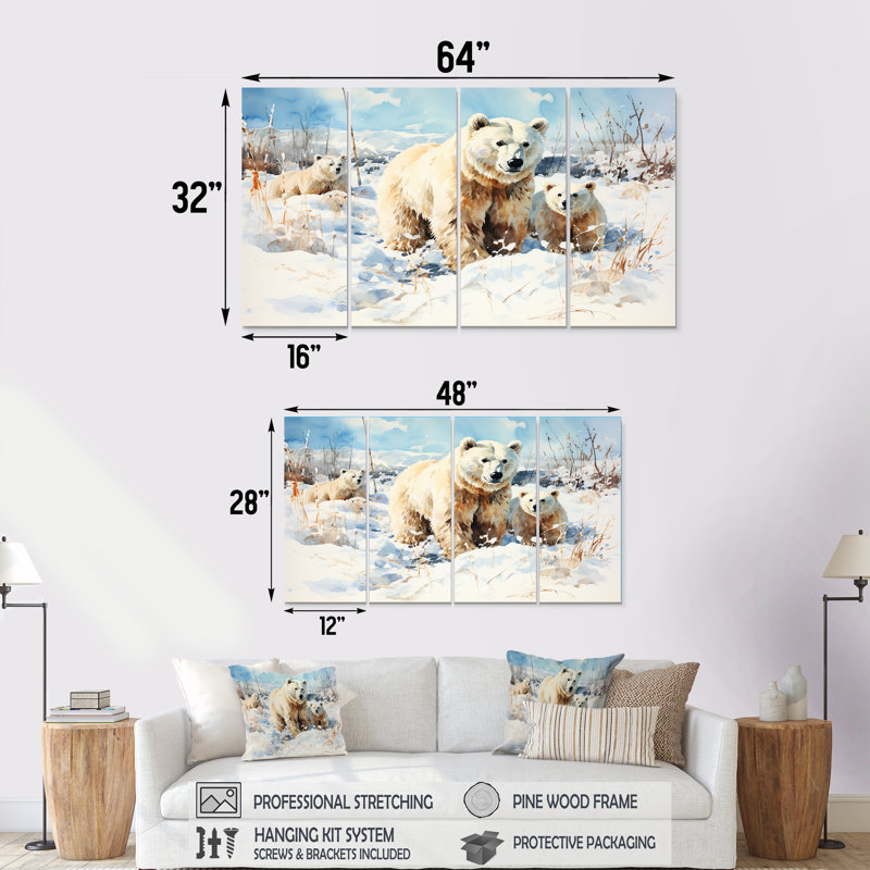 Ours polaire neige en hiver II - ours, 4 pièces, décoration murale, H 28 po x l 48 po
