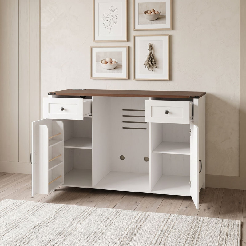 Mini armoire de réfrigérateur avec prise de courant, 2 tiroirs, tablettes réglables et supports à verres à vin pour bar à domicile