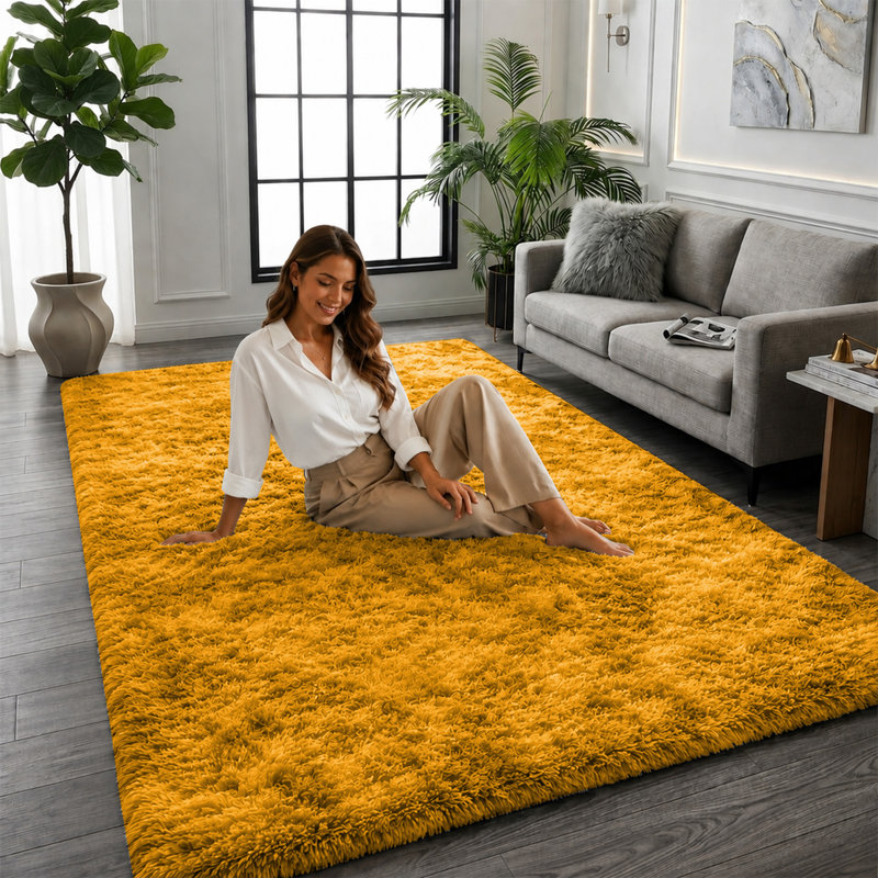 PLUSH Fluffy Shag Area Rug | Rich Ochre Yellow Faux Fur | Bohemian, Cozy & High-Pile, Rectangle 200 x 290 cm